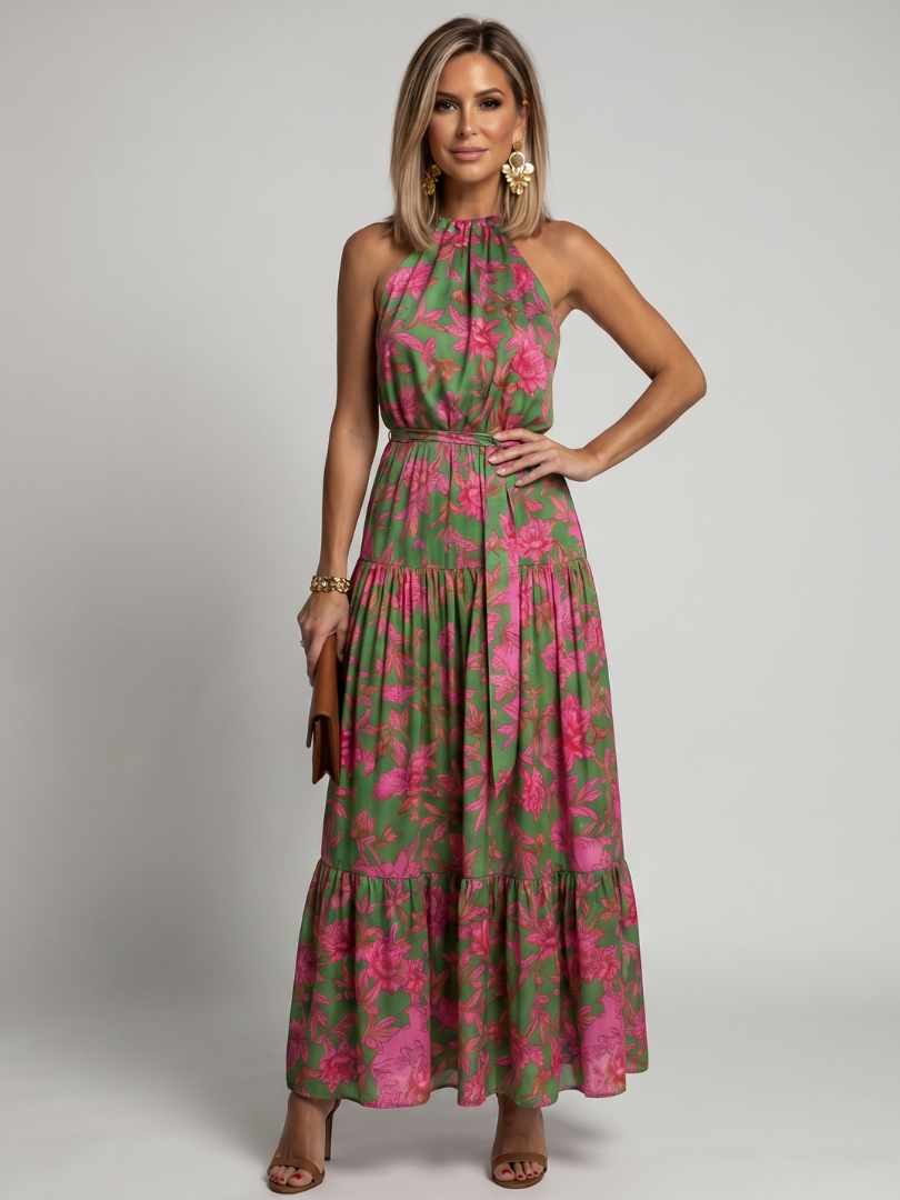 Elegantti vaaleanpunainen midi-mekko, jossa on halterneck-olkaimet