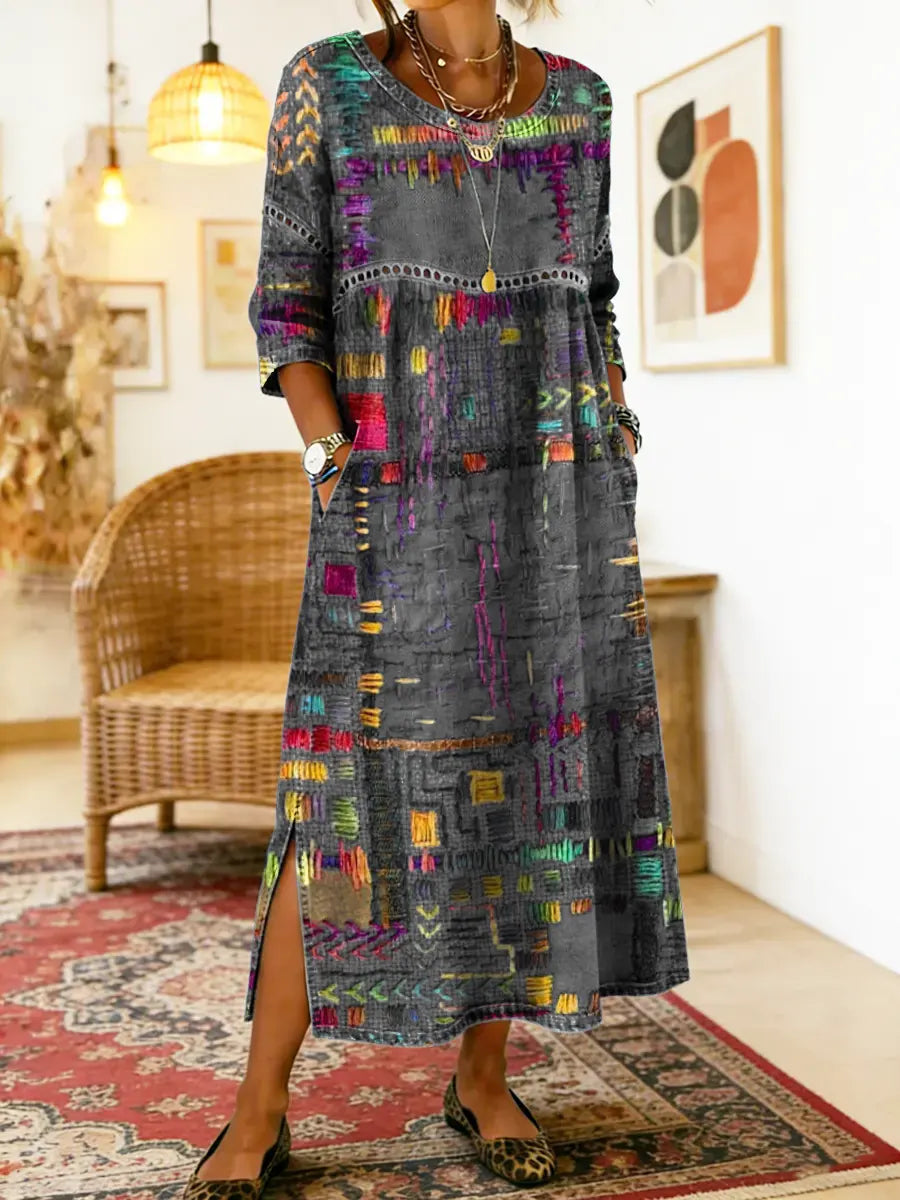 Manuela | Denim-mekko etnisellä patchwork-kuviolla