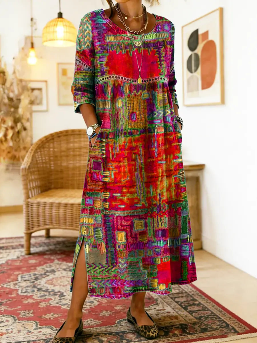 Manuela | Denim-mekko etnisellä patchwork-kuviolla