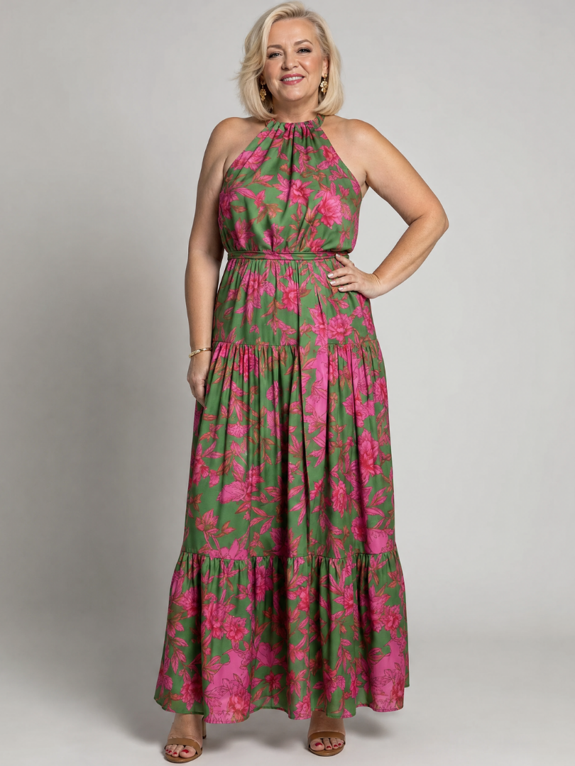 Elegantti vaaleanpunainen midi-mekko, jossa on halterneck-olkaimet