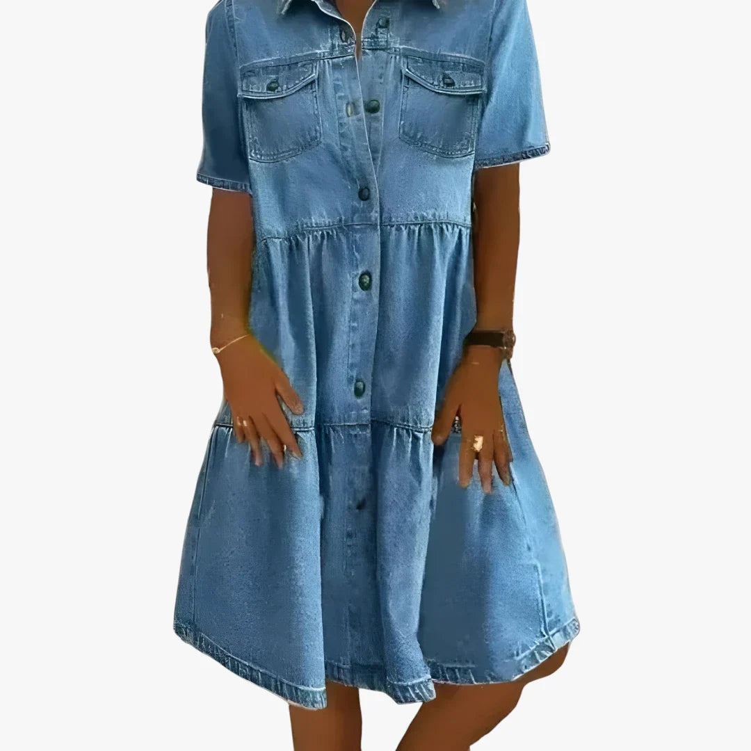 Dame Vintage Midi Denimkjole med Knapper