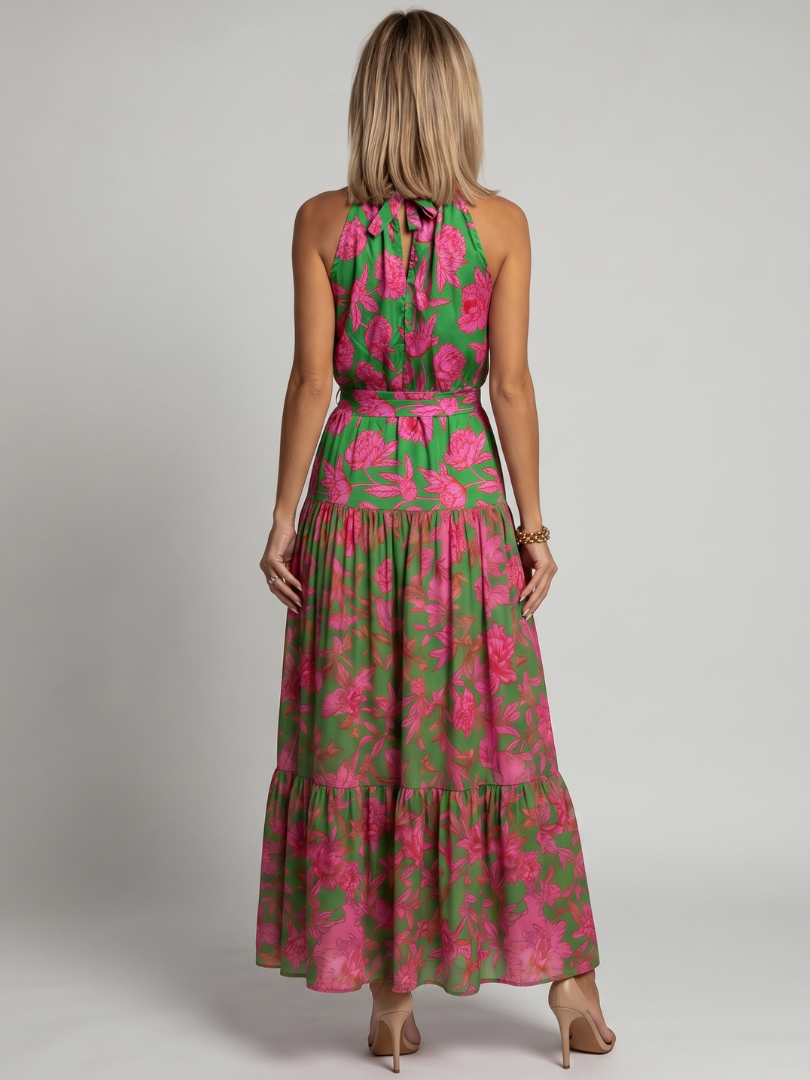 Elegantti vaaleanpunainen midi-mekko, jossa on halterneck-olkaimet