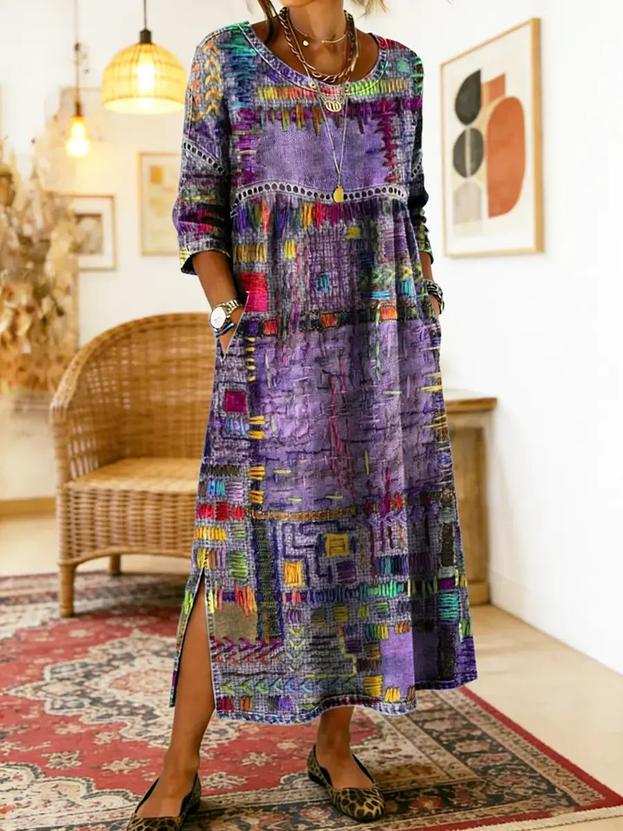 Manuela | Denim-mekko etnisellä patchwork-kuviolla