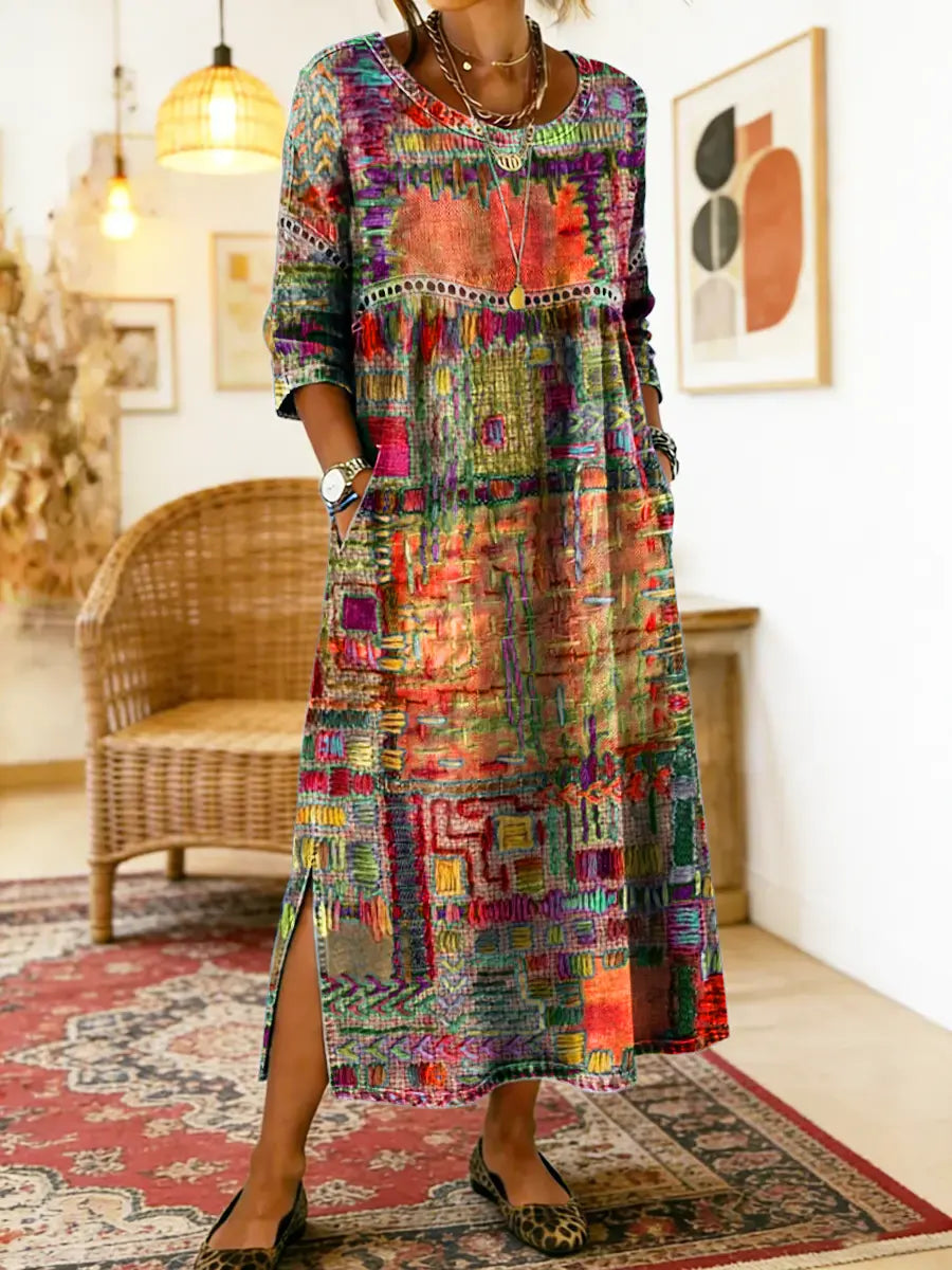 Manuela | Denim-mekko etnisellä patchwork-kuviolla