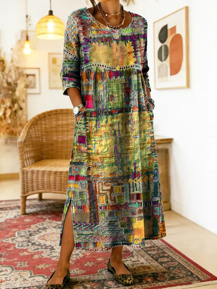 Manuela | Denim-mekko etnisellä patchwork-kuviolla