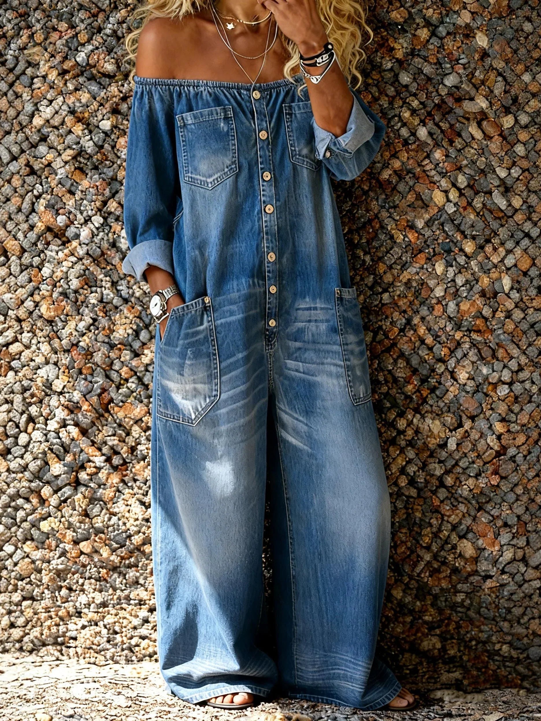 Noa | Denim Yksiosainen Puku Off-Shoulder Kaula-aukolla
