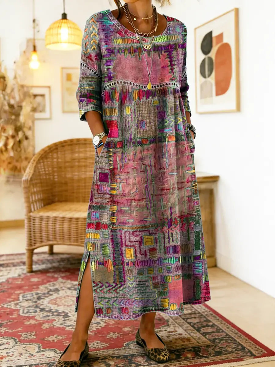 Manuela | Denim-mekko etnisellä patchwork-kuviolla