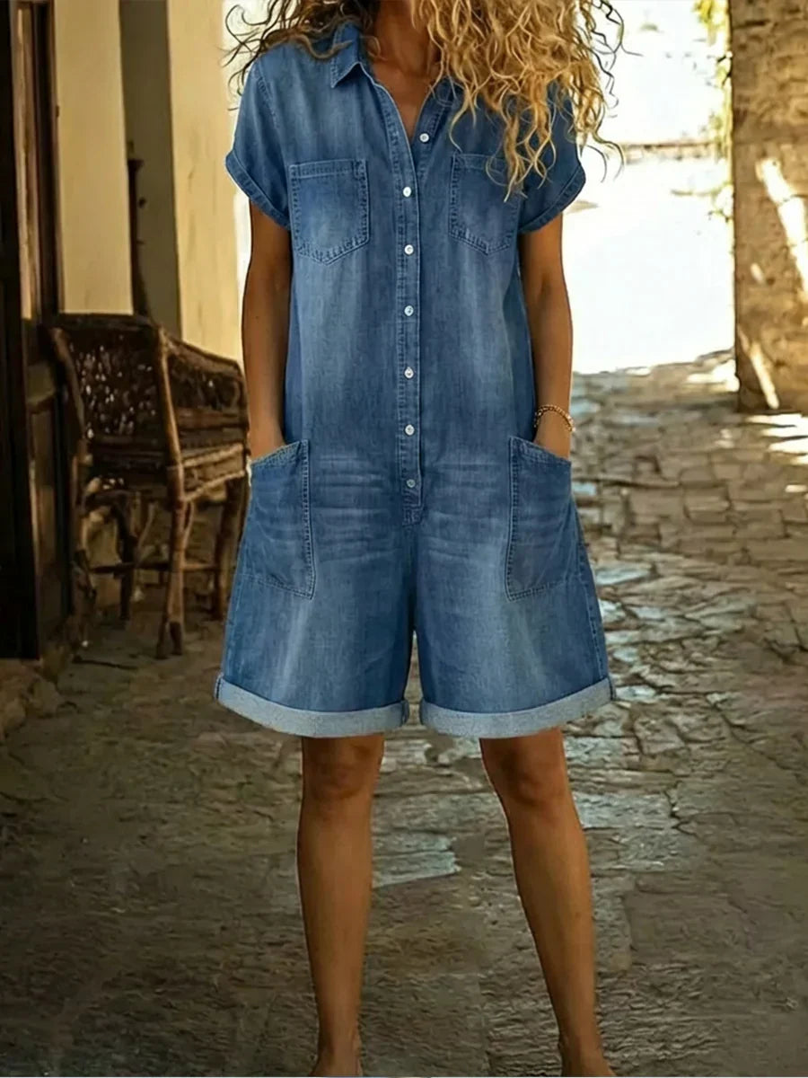 Elvora | Denim Yhdistelmäpuku Kauluksella ja Lyhyillä Hihoilla