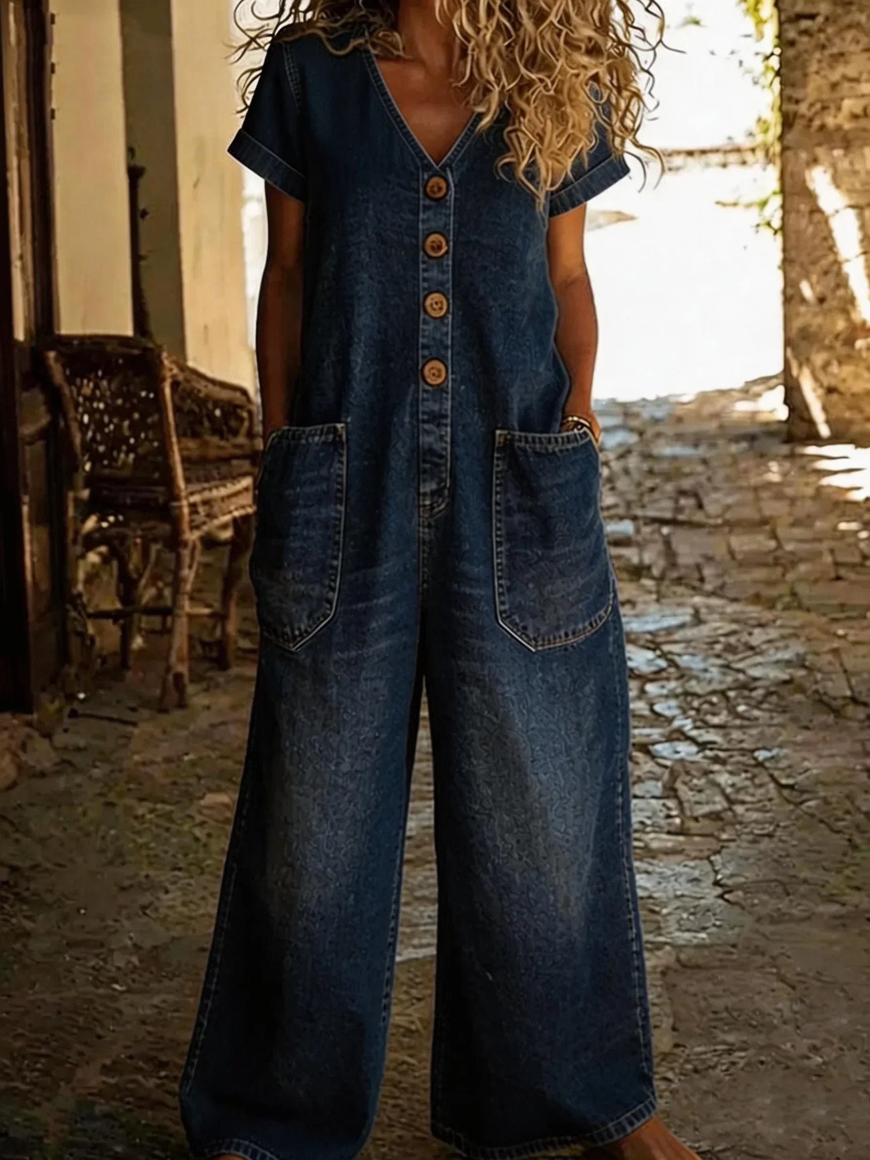 Denise | Denim Yleisöhaalari V-päällä ja Lyhyillä Hihoilla