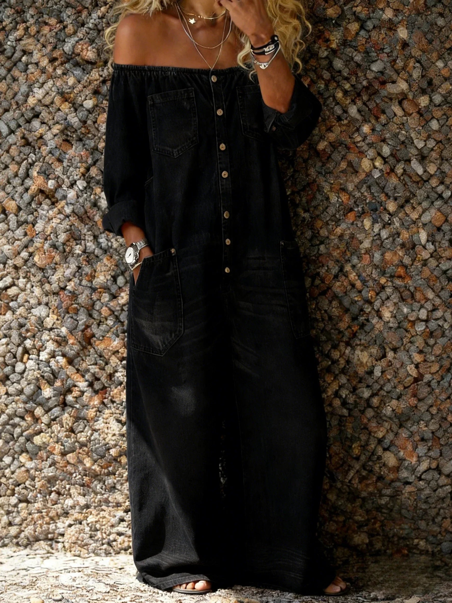 Noa | Denim Yksiosainen Puku Off-Shoulder Kaula-aukolla