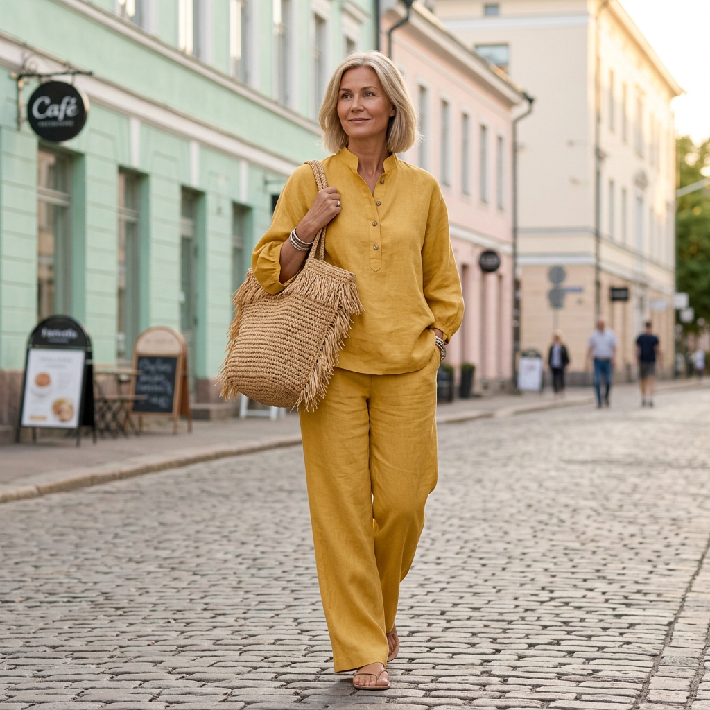Mariel | Lino-puku, jossa on lepakkohihat ja leveät housut