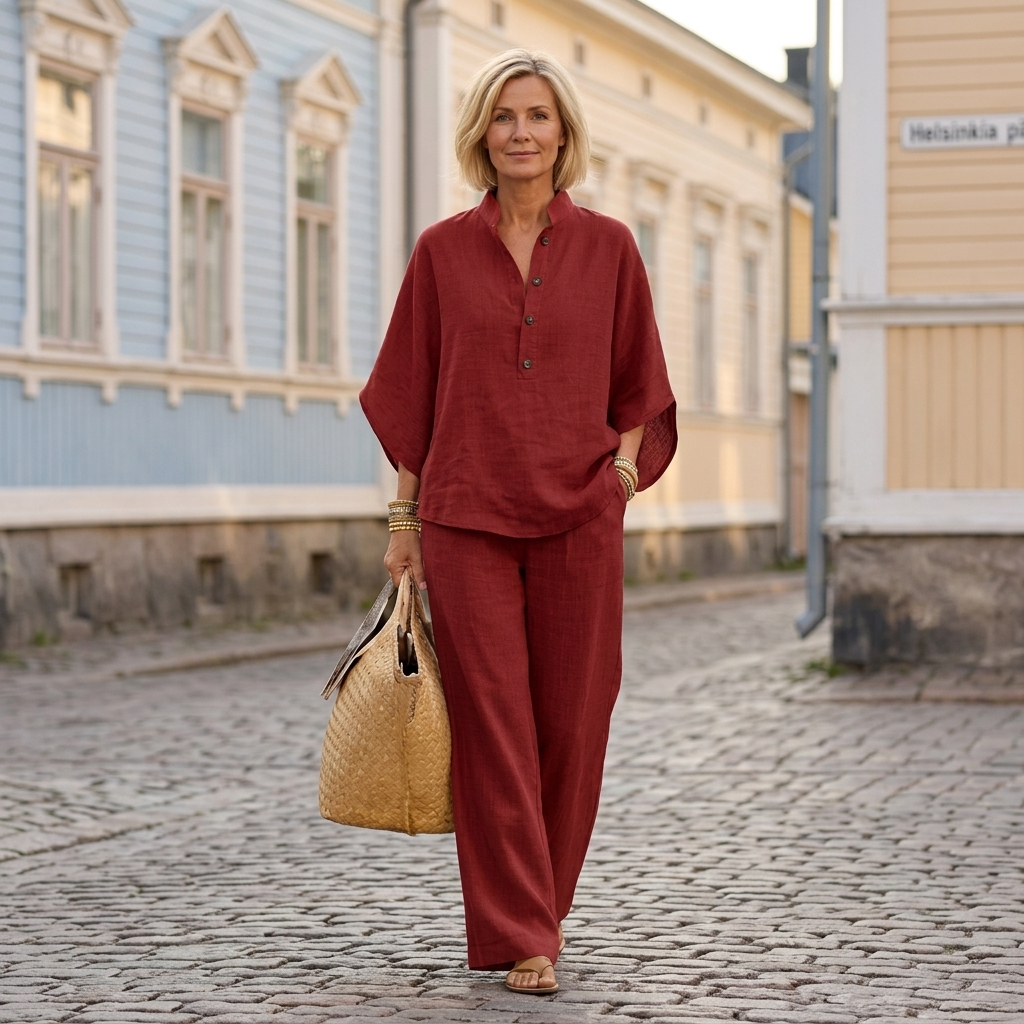 Mariel | Lino-puku, jossa on lepakkohihat ja leveät housut
