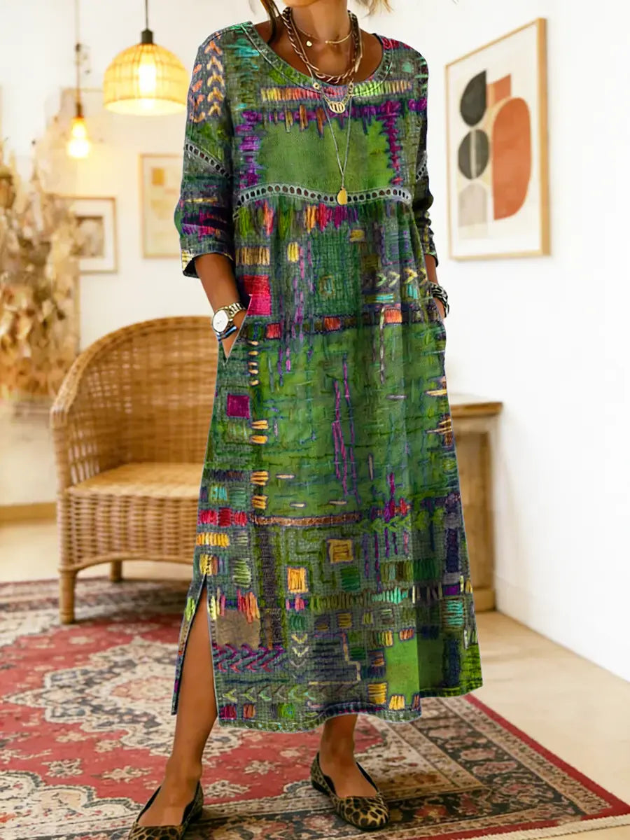 Manuela | Denim-mekko etnisellä patchwork-kuviolla