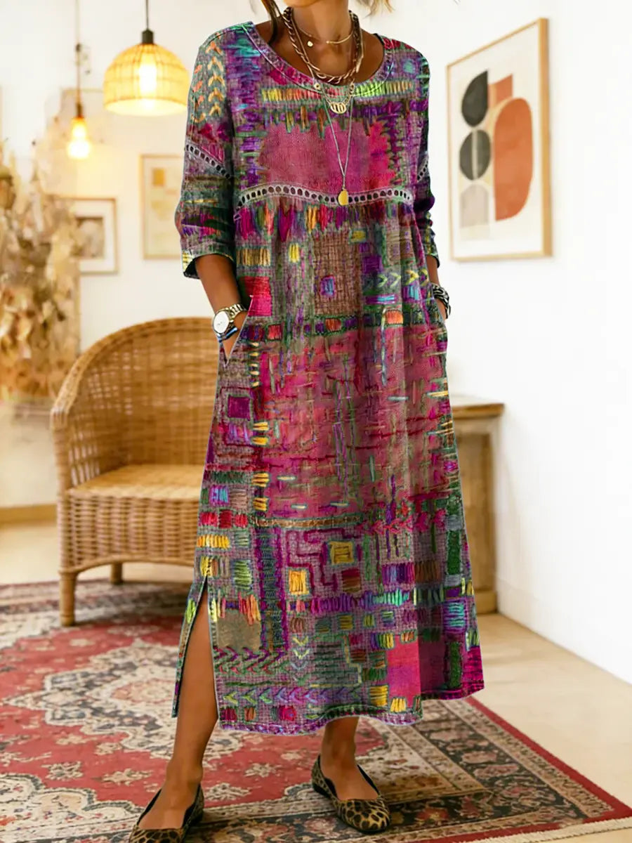 Manuela | Denim-mekko etnisellä patchwork-kuviolla