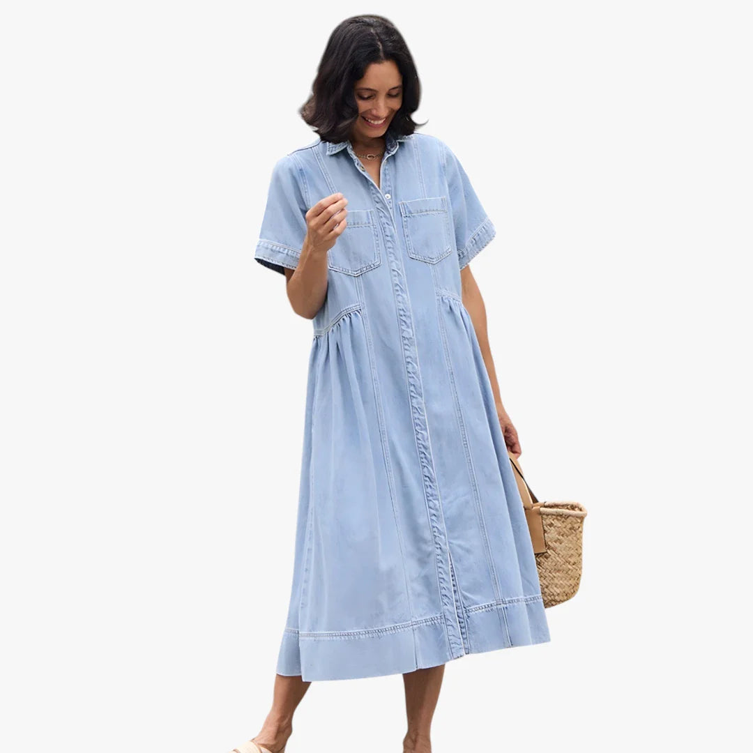 Dame Sommer Midi Denimkjole med Skjortekrave og Knapper
