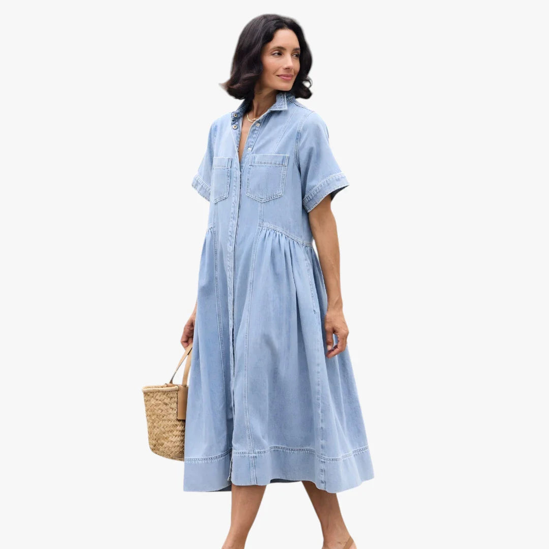 Dame Sommer Midi Denimkjole med Skjortekrave og Knapper