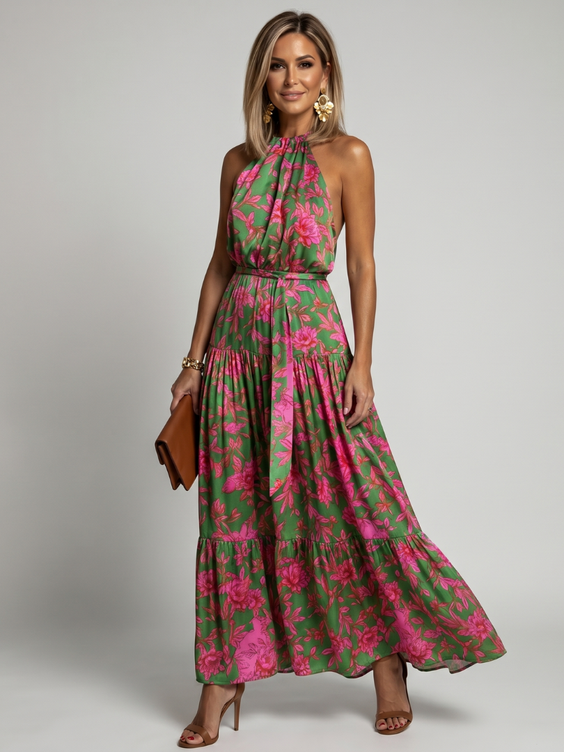 Elegantti vaaleanpunainen midi-mekko, jossa on halterneck-olkaimet