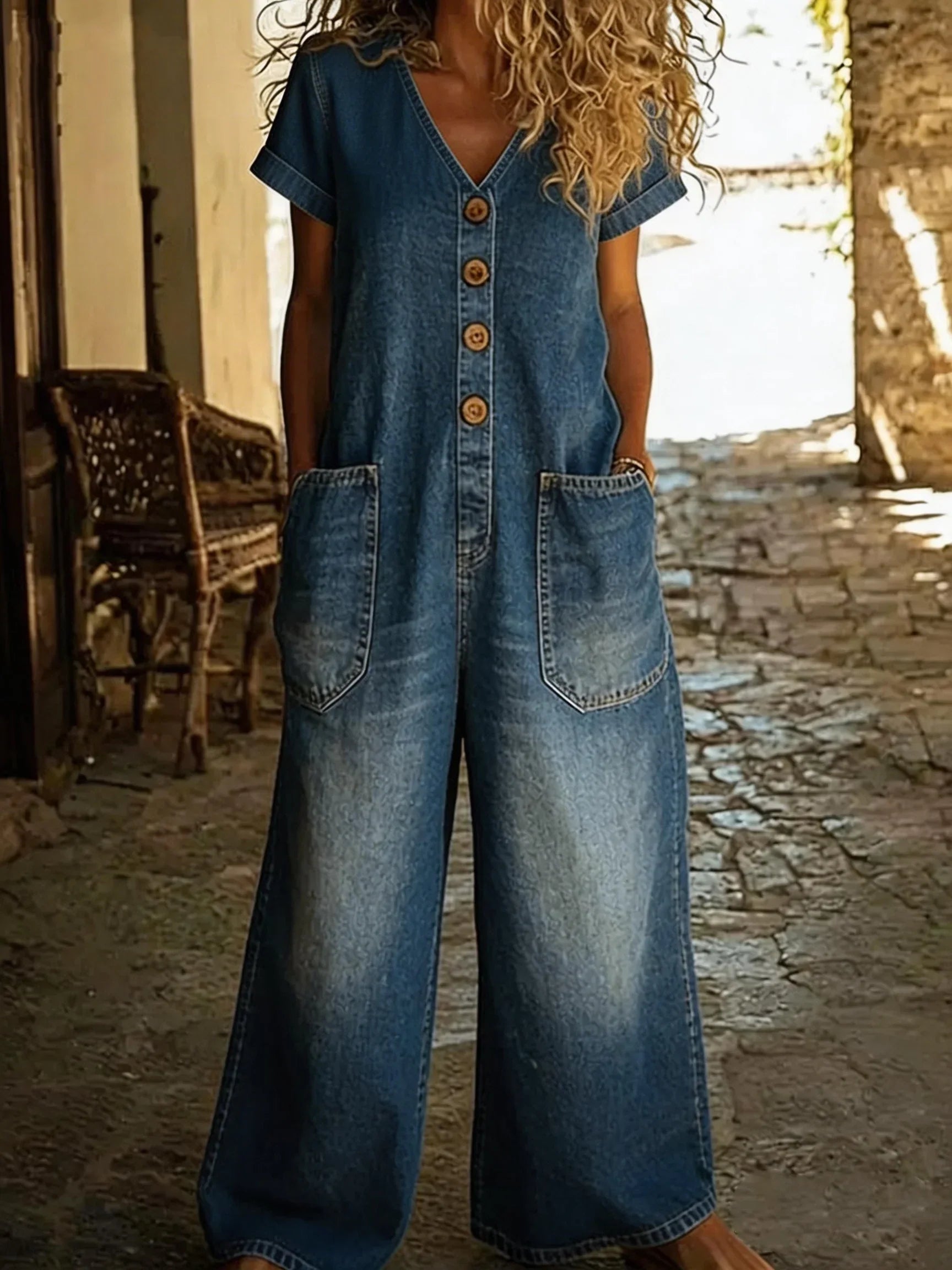 Denise | Denim Yleisöhaalari V-päällä ja Lyhyillä Hihoilla