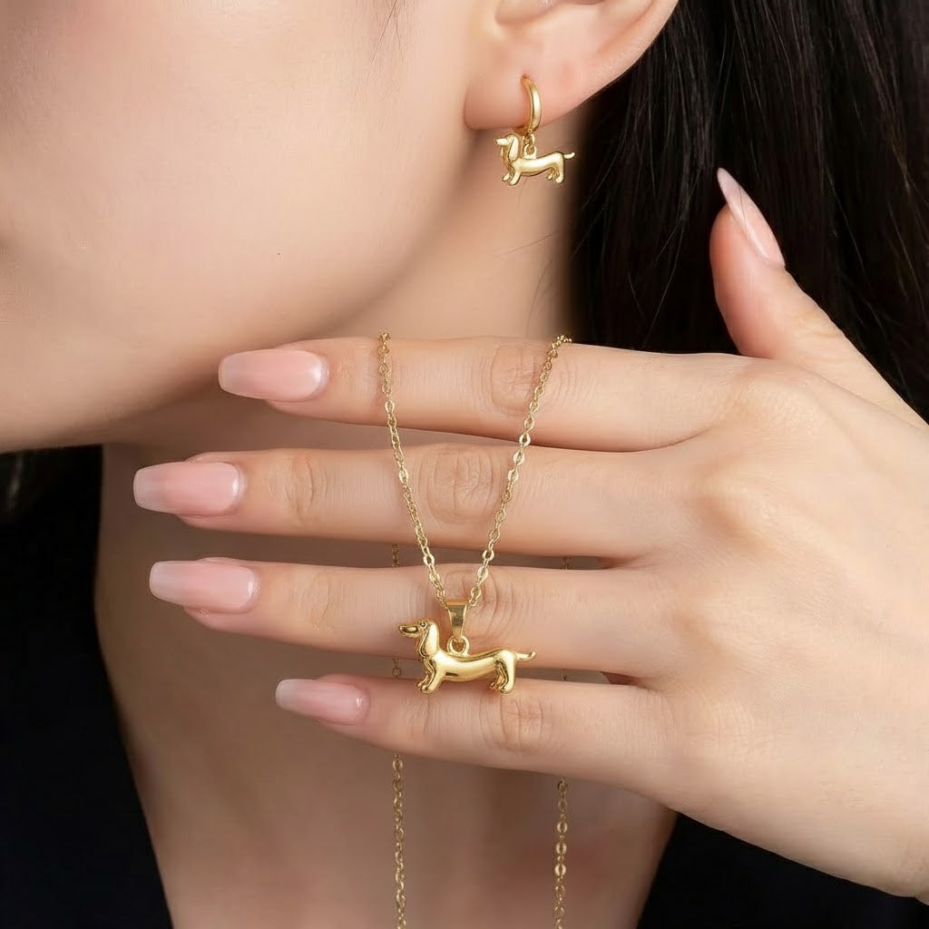 Taksikoira-korvakorut Onnenamuleti, mukana ilmainen kaulakoru | Rajoitettu tarjous