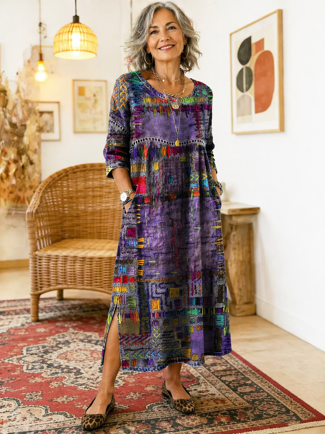 Manuela | Denim-mekko etnisellä patchwork-kuviolla