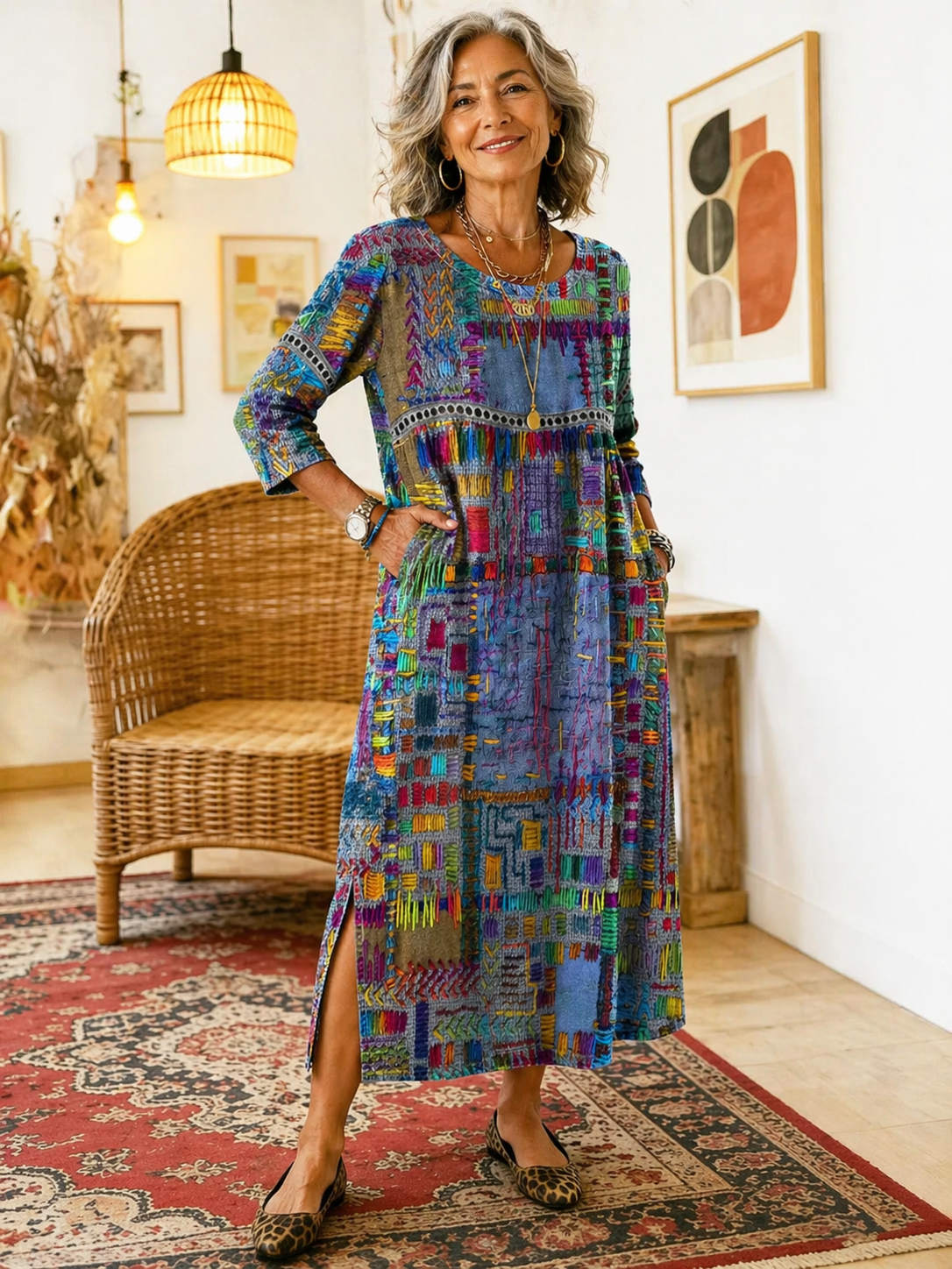 Manuela | Denim-mekko etnisellä patchwork-kuviolla