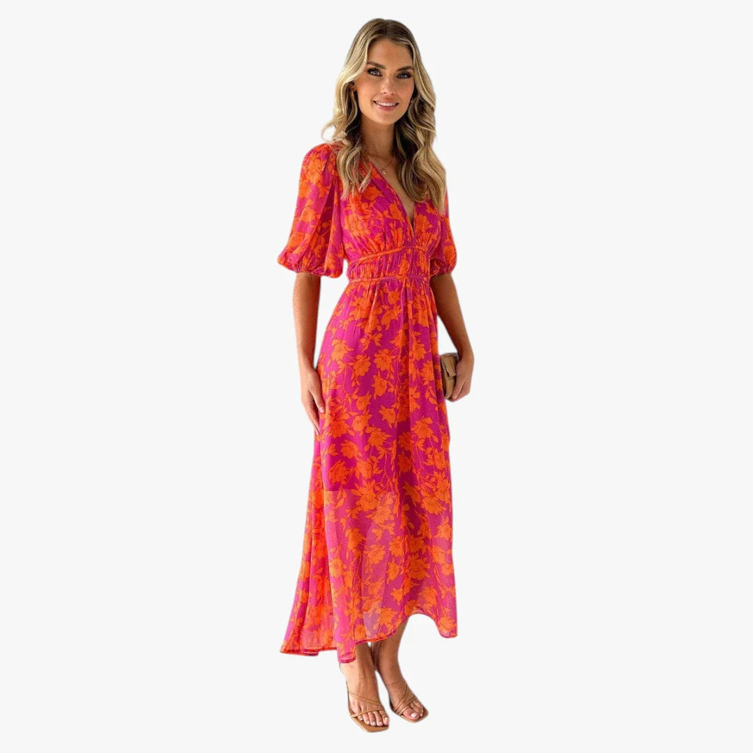 Dame Sommer Midi Blomsterkjole med Pufærmer