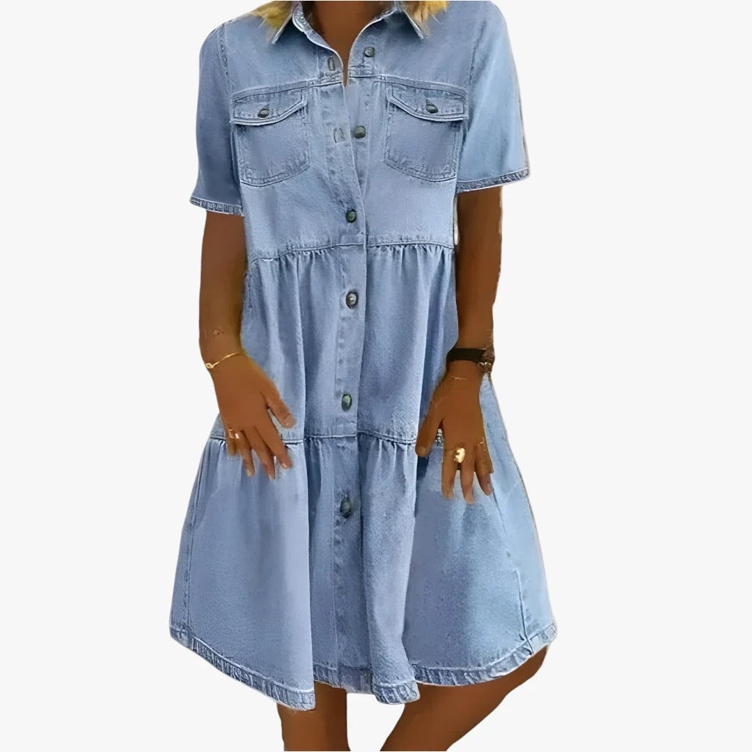 Dame Vintage Midi Denimkjole med Knapper