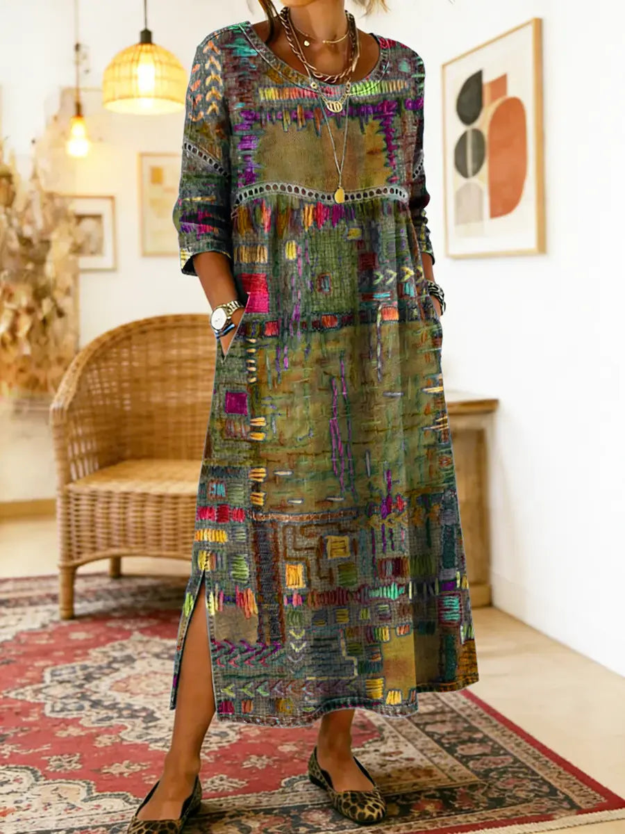 Manuela | Denim-mekko etnisellä patchwork-kuviolla