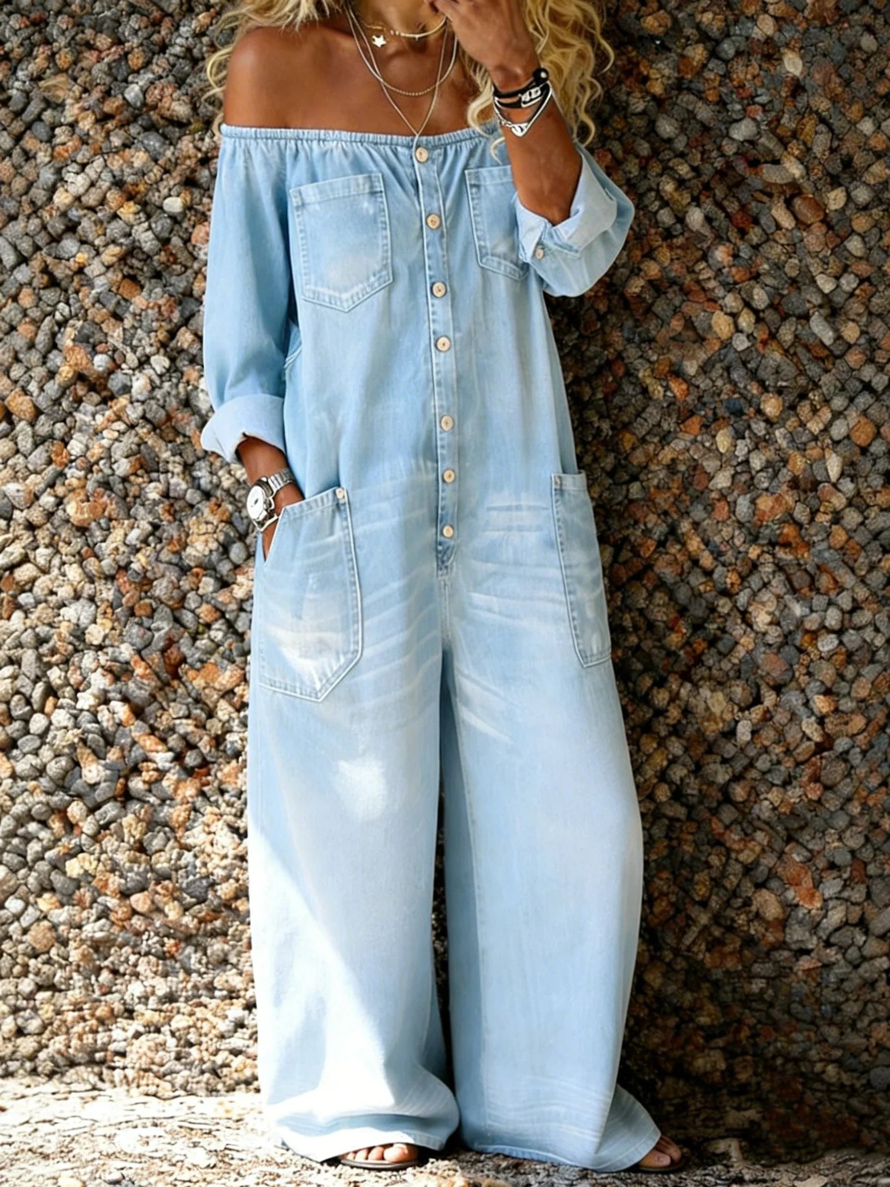Noa | Denim Yksiosainen Puku Off-Shoulder Kaula-aukolla