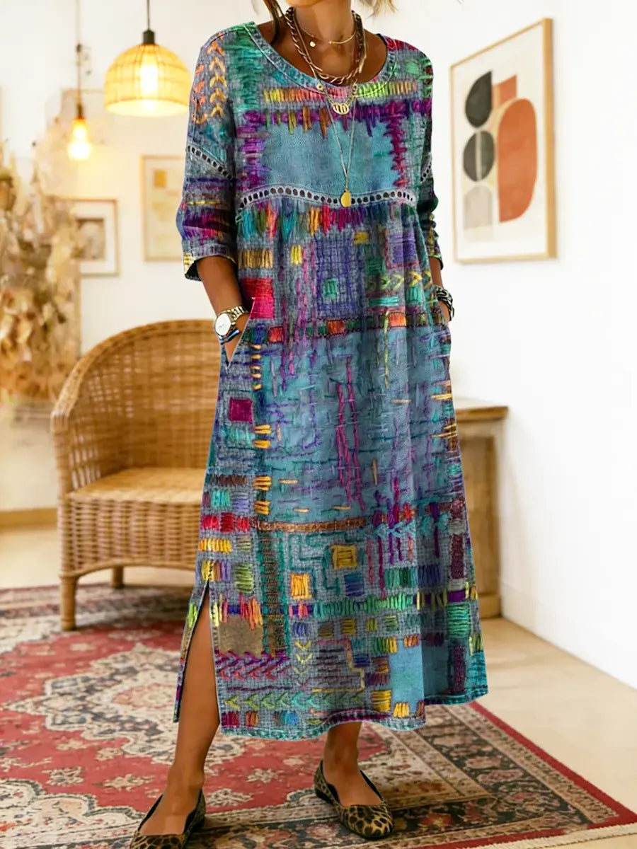 Manuela | Denim-mekko etnisellä patchwork-kuviolla