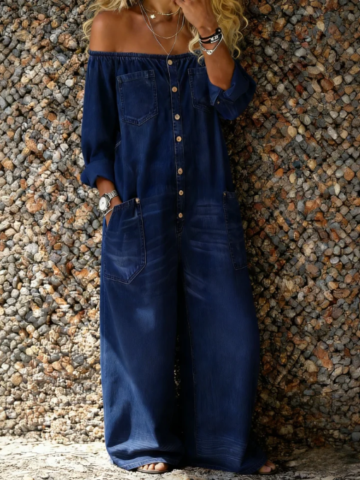 Noa | Denim Yksiosainen Puku Off-Shoulder Kaula-aukolla