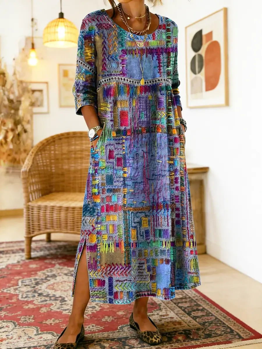 Manuela | Denim-mekko etnisellä patchwork-kuviolla