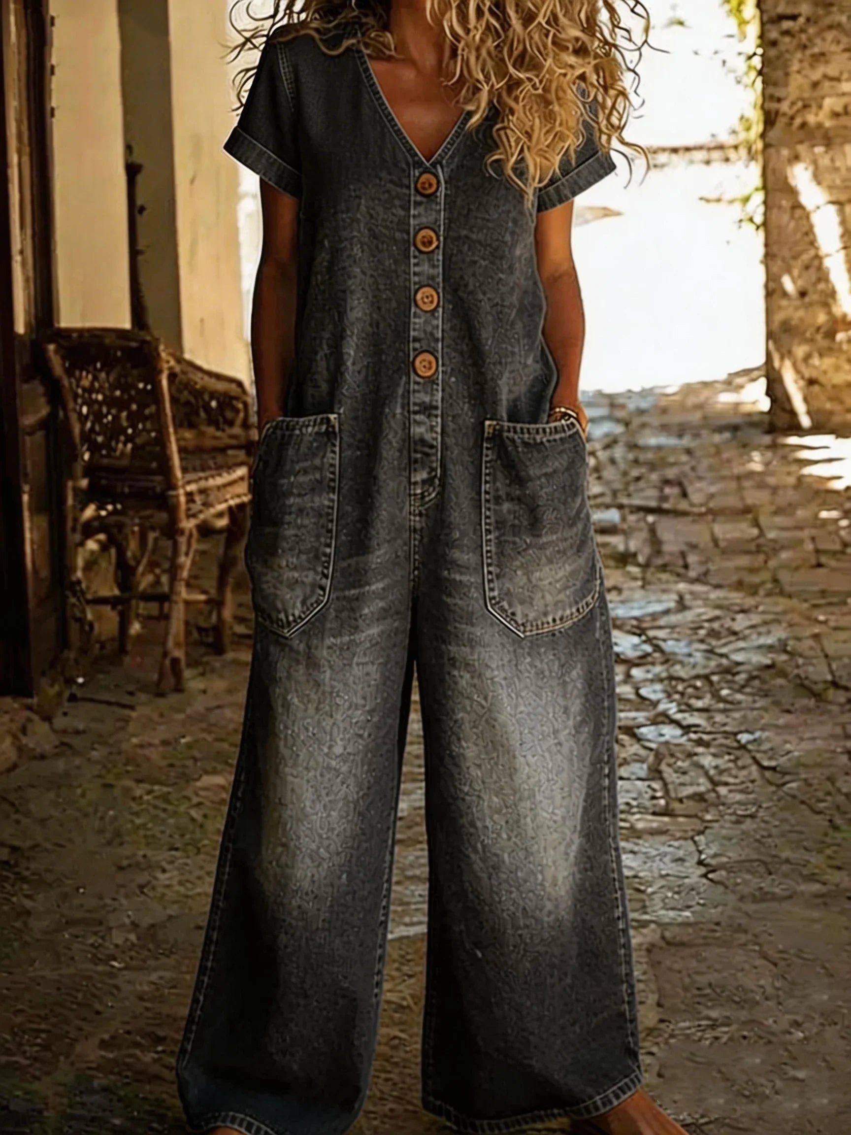 Denise | Denim Yleisöhaalari V-päällä ja Lyhyillä Hihoilla