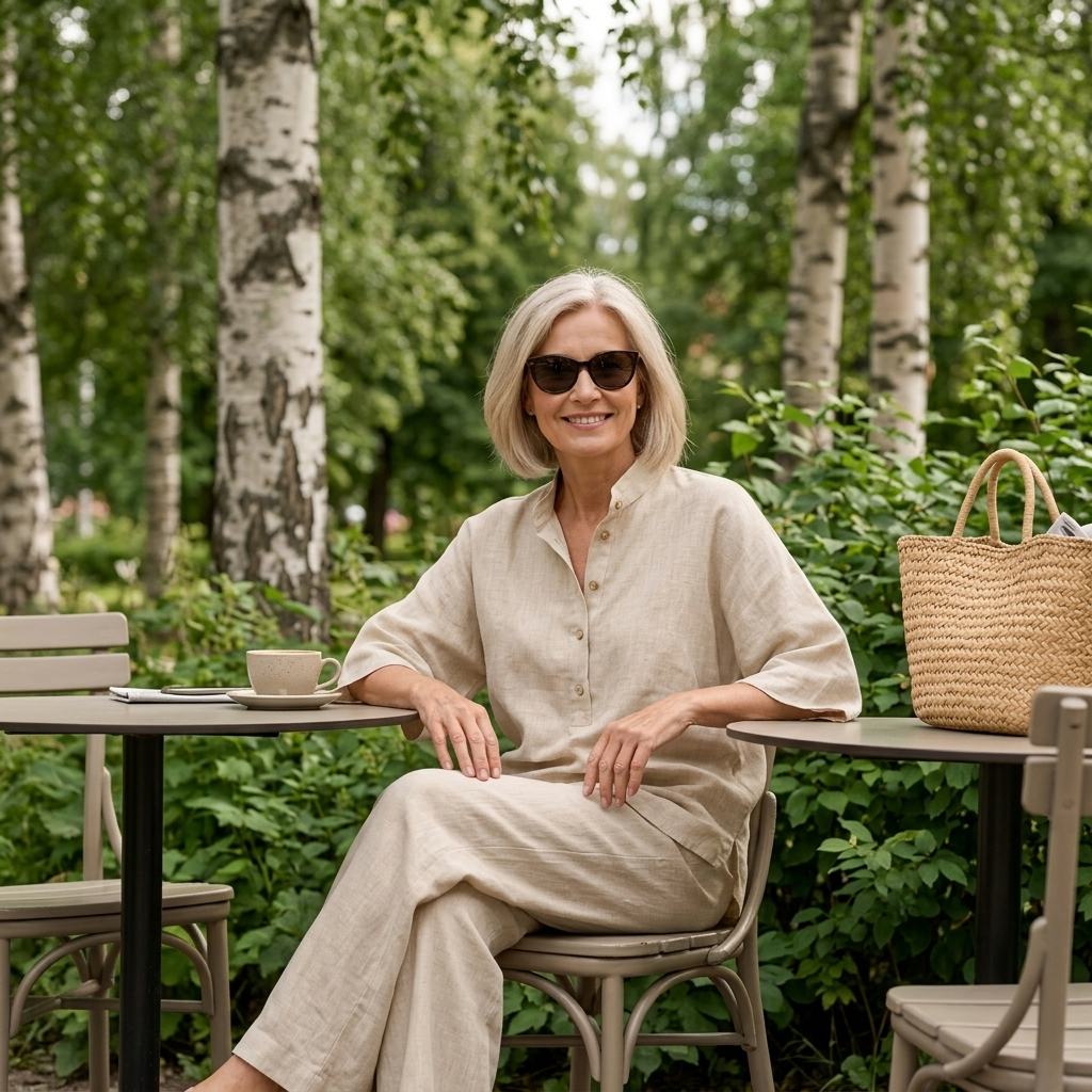 Mariel | Lino-puku, jossa on lepakkohihat ja leveät housut