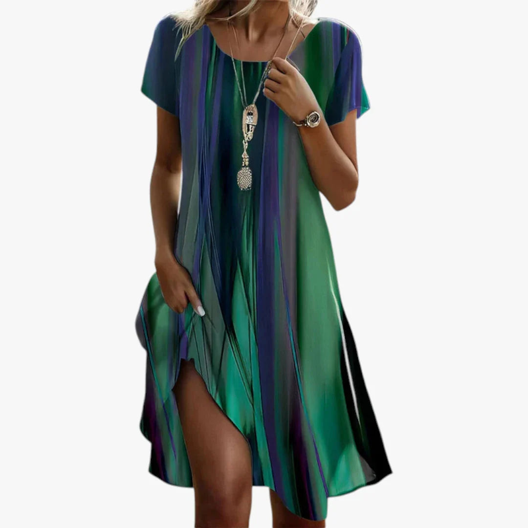 Dame Stribet Midi Sommerkjole med Rund Hals